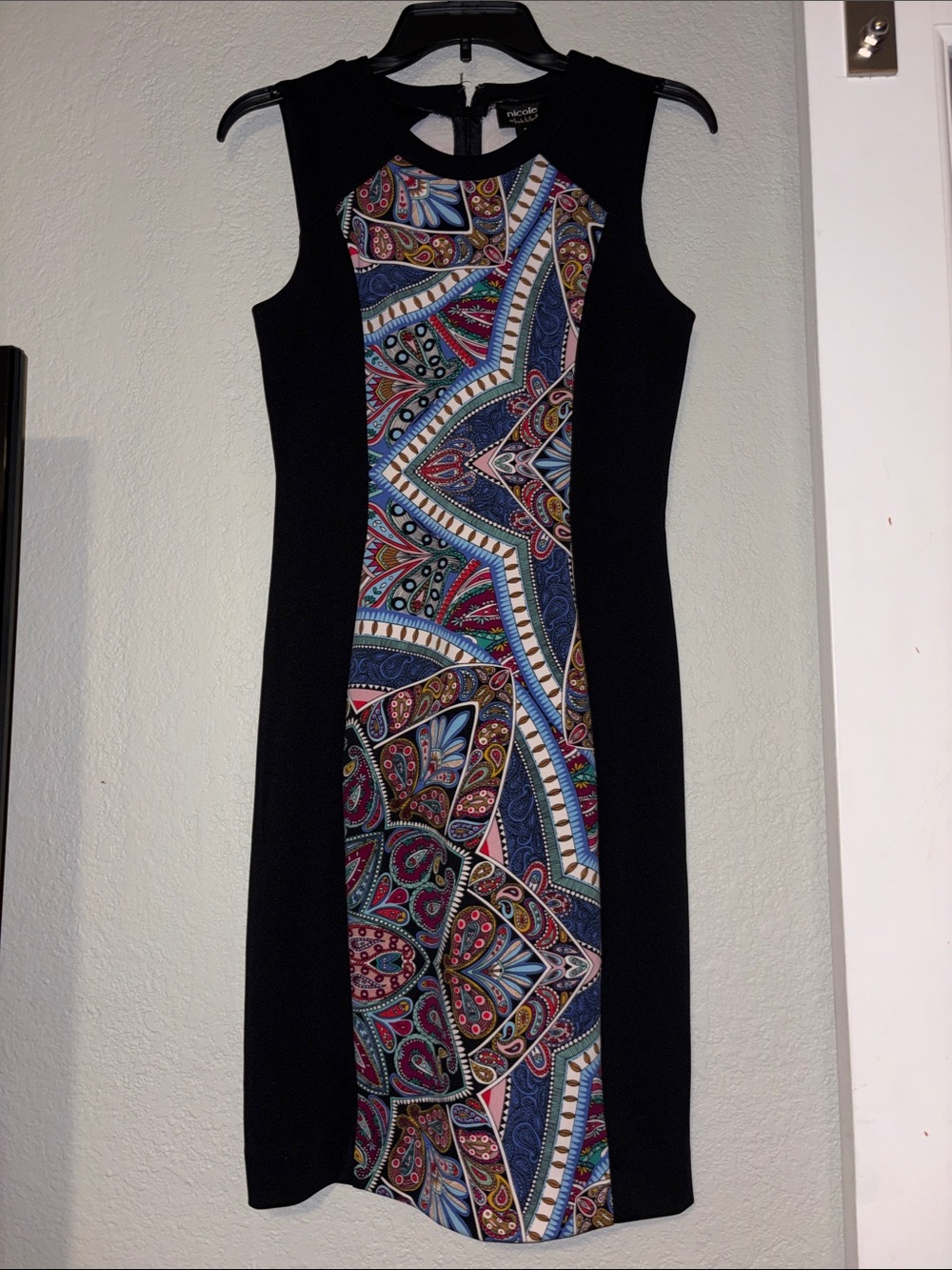 Nicole Miller Black Sheath Dress with Multicolor Paisley Panel size Small
